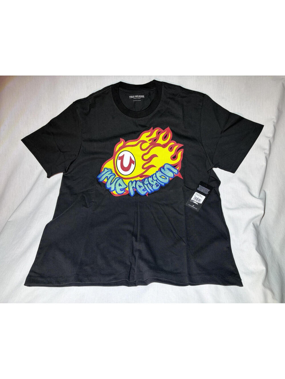 True Religion Men's L Black Cotton Jersey Crew Neck Short Sleeve Flame Logo Tee